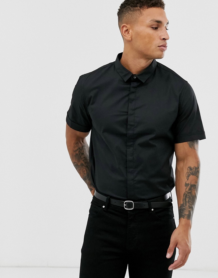 Process Black - Slim-fit overhemd met korte mouwen-Zwart