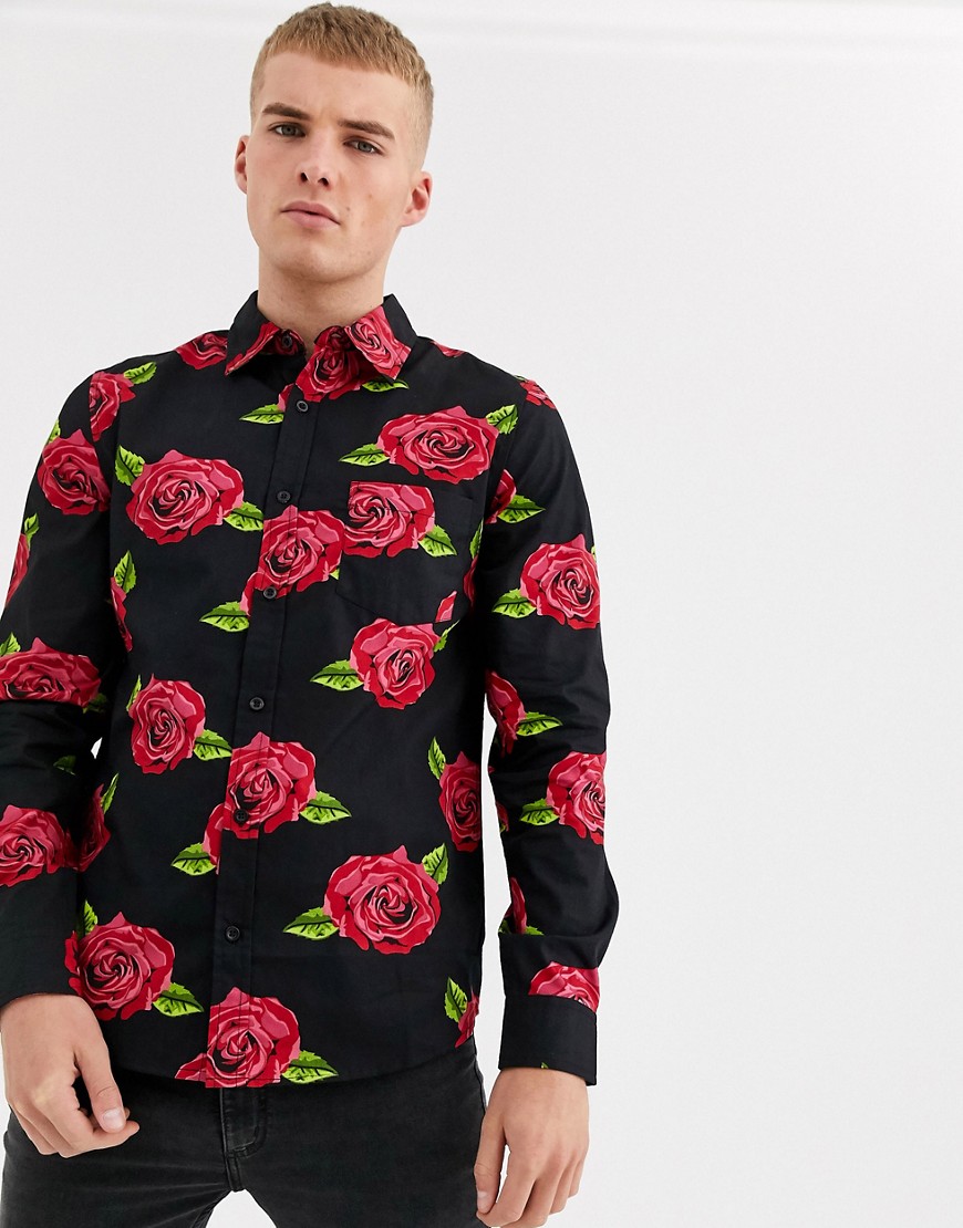 Process Black - Slim-fit T-shirt met rozenprint-Zwart