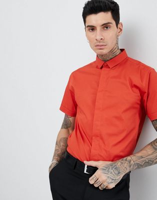 Process - Zwart effen overhemd met stretch en korte mouwen-Rood