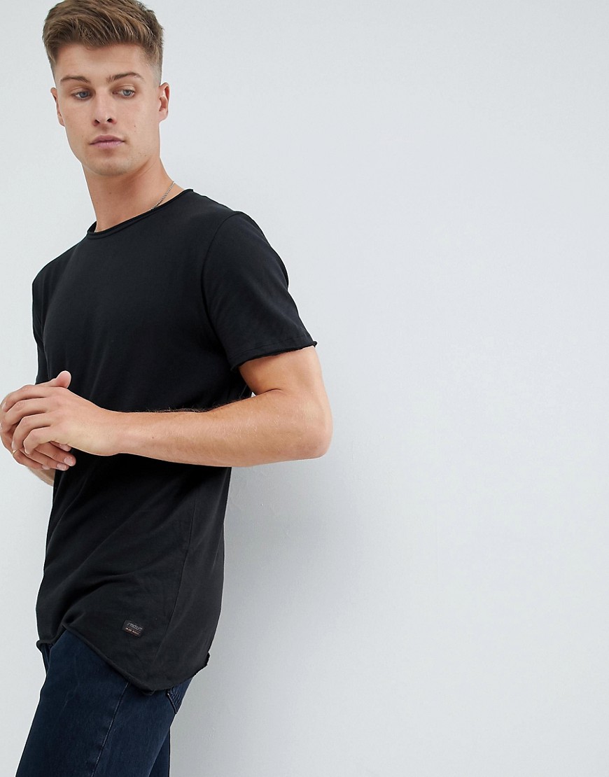 Produkt – Longline t-shirt med rå asymmetrisk fåll-Svart