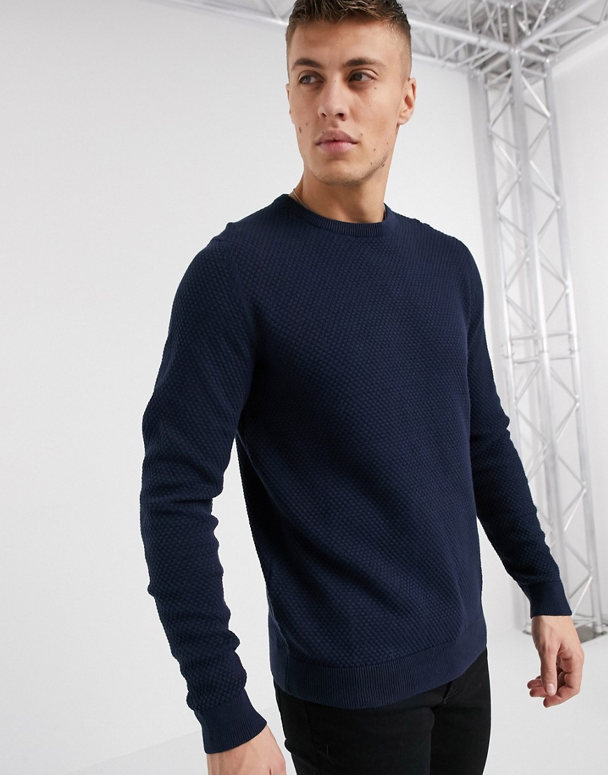 Produkt – Stickad tröja i ekologisk bomull-Marinblå