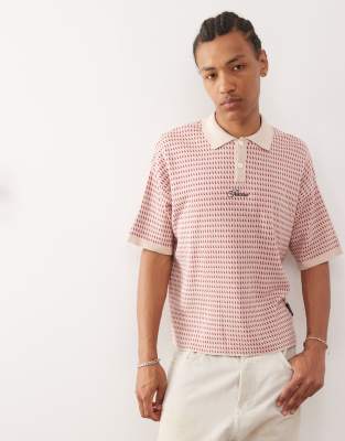 abstract knit short sleeve polo shirt in red-Multi