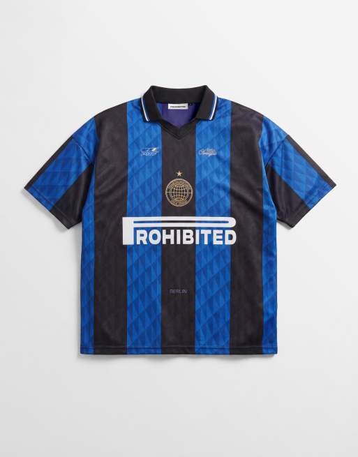 Prohibited adriano collared football shirt in blue, 6 of 9