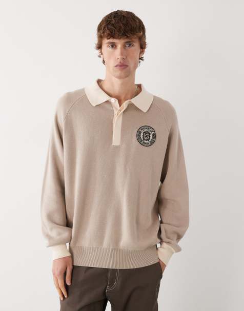 Prohibited long sleeve oversized emblem patch logo knit polo in beige 