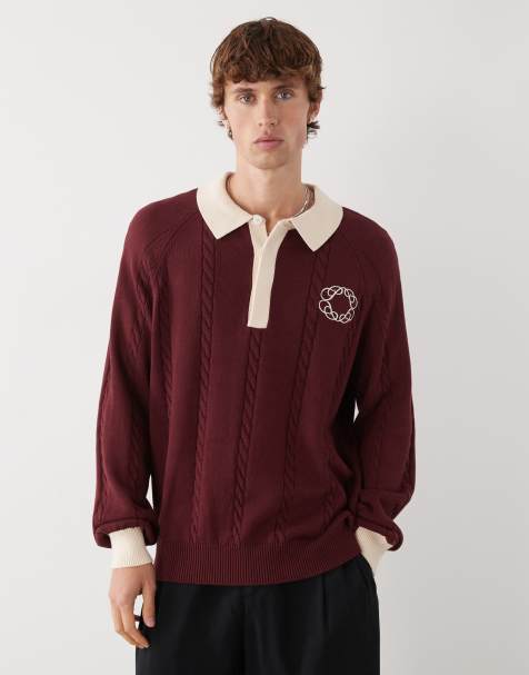 Prohibited long sleeve oversized emblem logo knit polo in burgundy 
