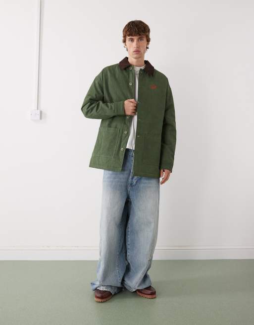 Prohibited button through workwear jacket in dark green, 2 of 5