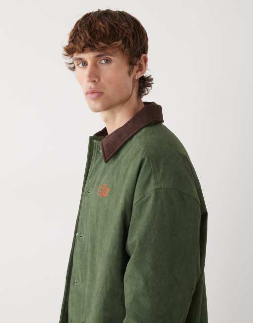 Prohibited button through workwear jacket in dark green, 4 of 5