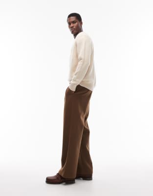 Club-Hose in brauner Wolloptik mit doppelten Bundfalten-Brown Brown XL