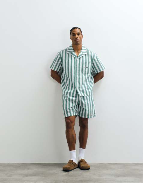 Prohibited coastline revere collar stripe shirt and shorts set in green - view 1