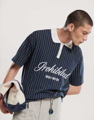 collar logo detail football inspired 250gsm shirt in navy stripe