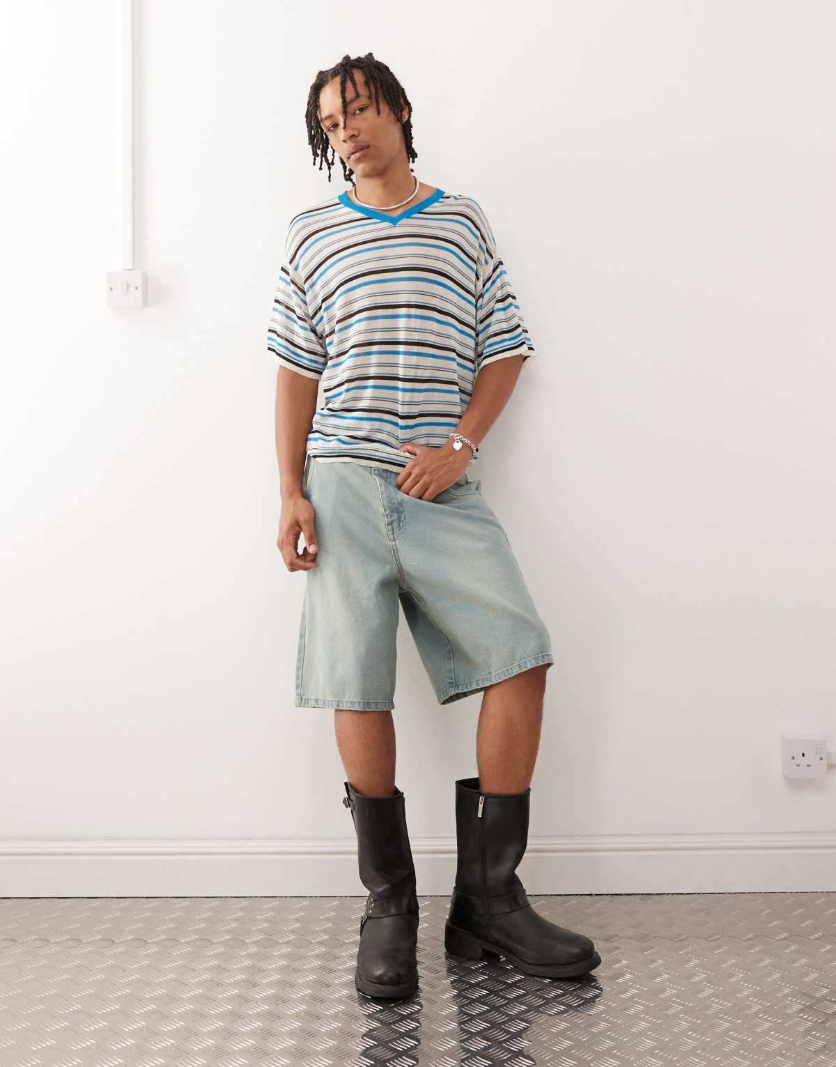 Prohibited denim jorts in light blue