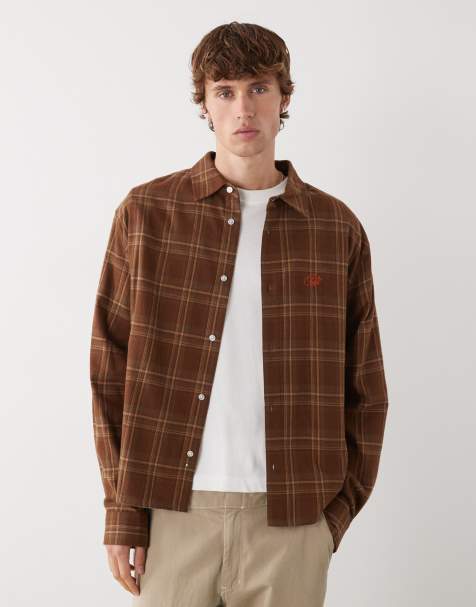 Prohibited long sleeve flannel shirt in brown check