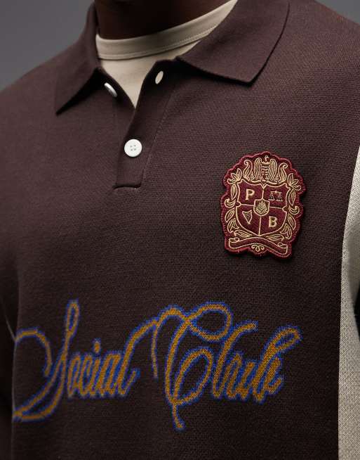Prohibited - Gebreid poloshirt met lange mouwen en logo in bruin, 5 van 5