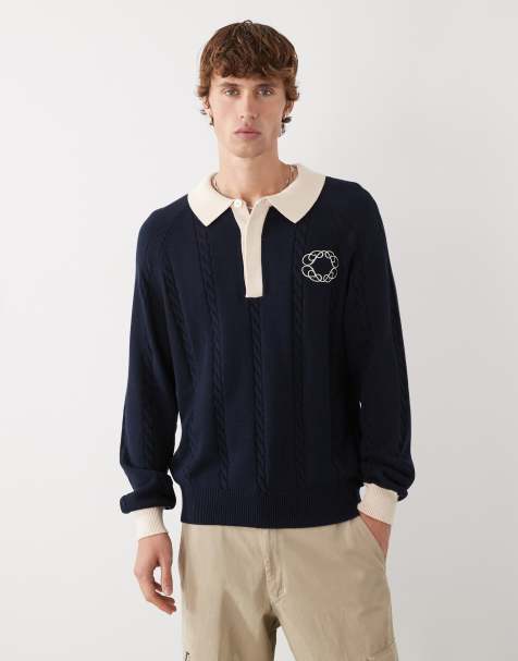 Prohibited - Gebreide oversized polo met lange mouwen en logo-embleem in marineblauw - view 1