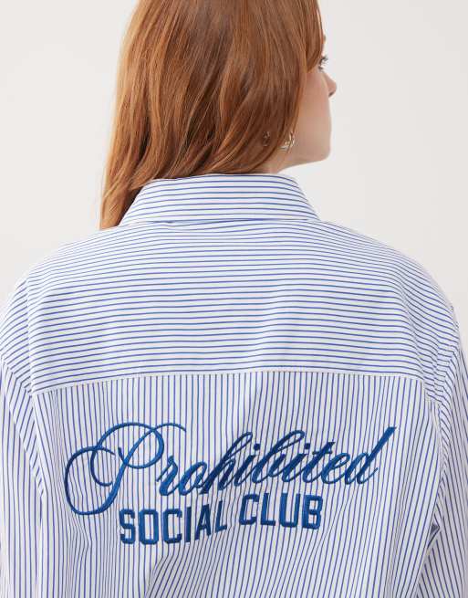 Prohibited - Gestreept overhemd met 'Social Club'-print op de achterkant in blauw, 4 van 4