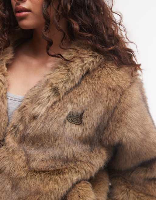 Prohibited giacca bomber oversize con cappuccio in pelliccia sintetica marrone, 3 di 4