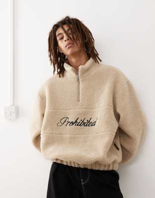 Prohibited Prohibited half-zip borg sweatshirt with script logo detail in cream-White