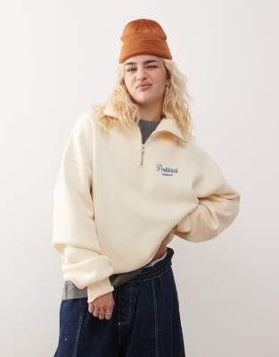 Prohibited Prohibited half zip contrast logo detail sweatshirt in cream-White