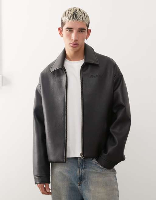 Prohibited heavyweight oversized cropped PU leather look jacket in black