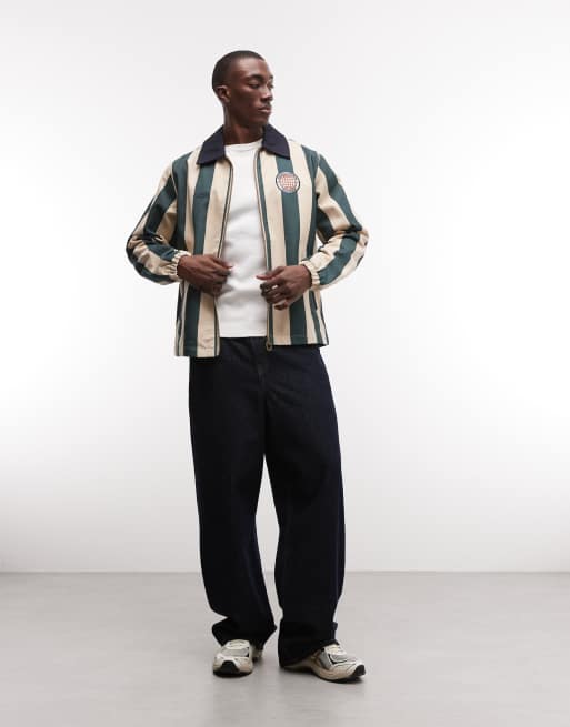 Prohibited ivy league striped harrington jacket in green, 2 of 5