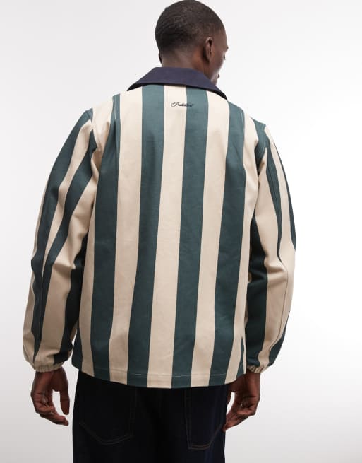 Prohibited ivy league striped harrington jacket in green, 4 of 5
