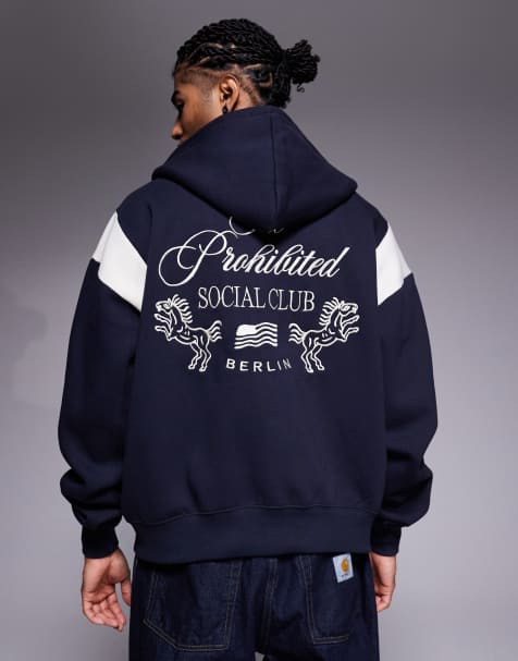 Prohibited – Kapuzenjacke in Marineblau mit Reißverschluss, Logo und Rückenprint - view 1