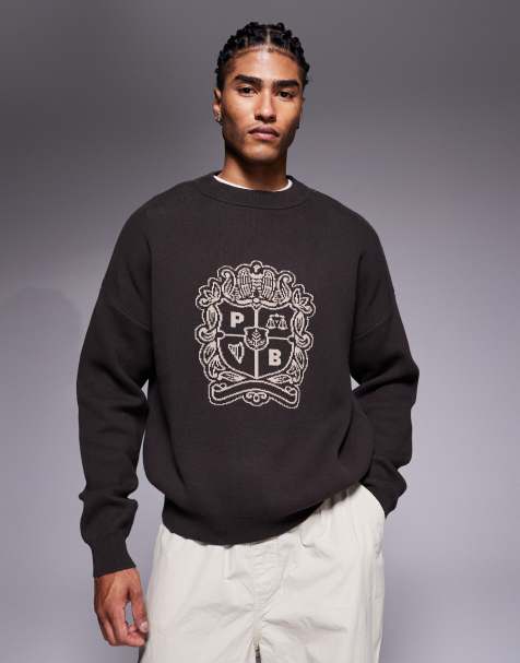 Prohibited knitted emblem logo jumper in brown - view 1
