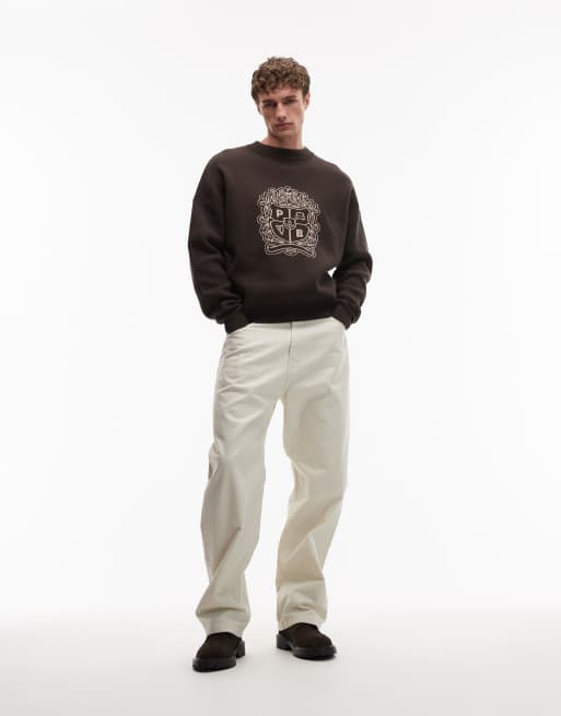Prohibited knitted emblem logo jumper in brown, 2 of 5