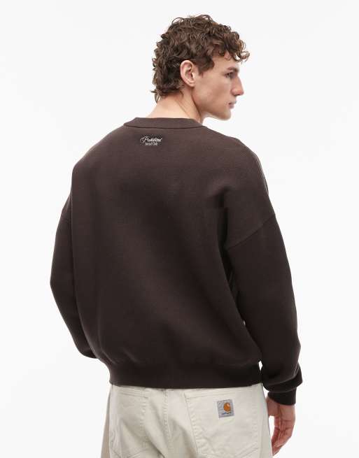 Prohibited knitted emblem logo jumper in brown, 3 of 5