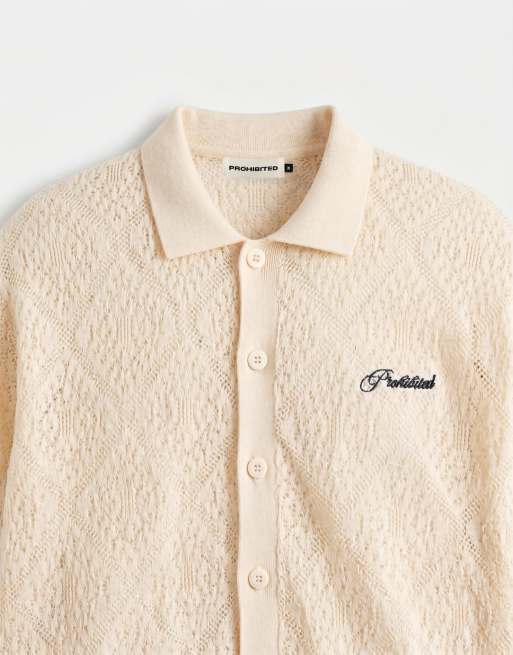 Prohibited knitted lace shirt in cream, 8 of 9