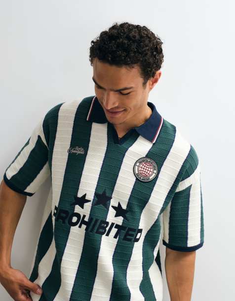 Prohibited knitted stripe football shirt in green multi - view 1