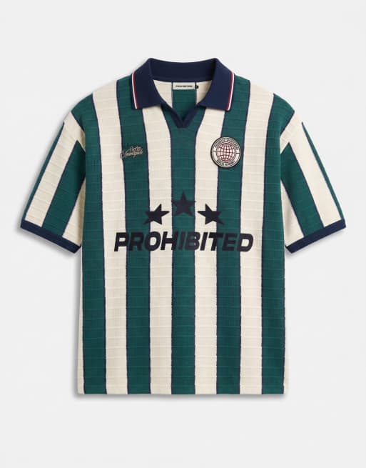 Prohibited knitted stripe football shirt in green multi, 6 of 7