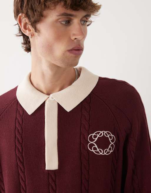 Prohibited – Langärmliges, gestricktes Oversize-Polohemd in Burgunderrot mit Emblem-Logo , 5 von 5