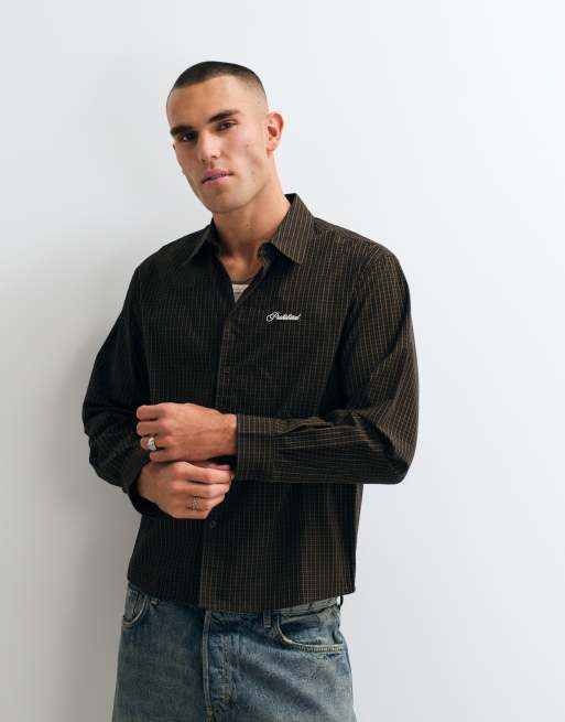 Prohibited long sleeve check shirt in brown, 5 of 5