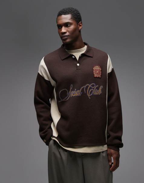 Prohibited long sleeve knitted logo polo shirt in brown - view 1