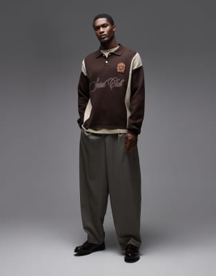 Prohibited Long Sleeve Knitted Logo Polo Shirt In Brown