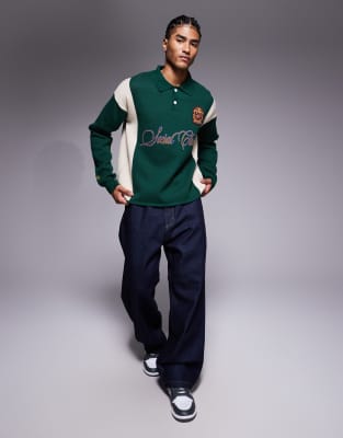 Prohibited Long Sleeve Knitted Logo Polo Shirt In Green