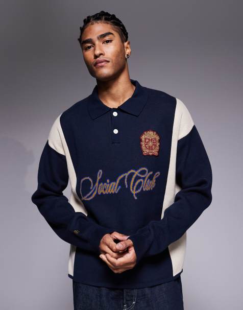 Prohibited long sleeve knitted logo polo shirt in navy