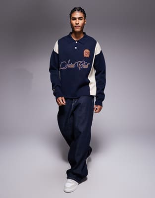 Prohibited Long Sleeve Knitted Logo Polo Shirt In Blue