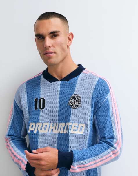 Prohibited long sleeve knitted stripe sports t-shirt in blue - view 1