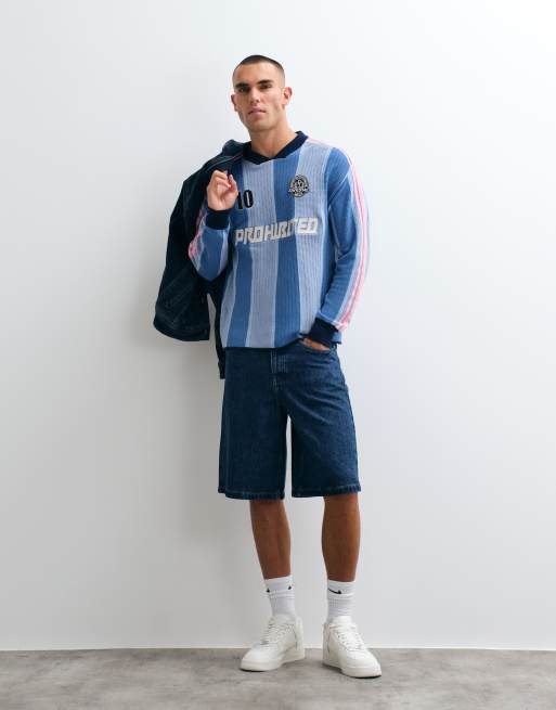 Prohibited long sleeve knitted stripe sports t-shirt in blue, 2 of 5