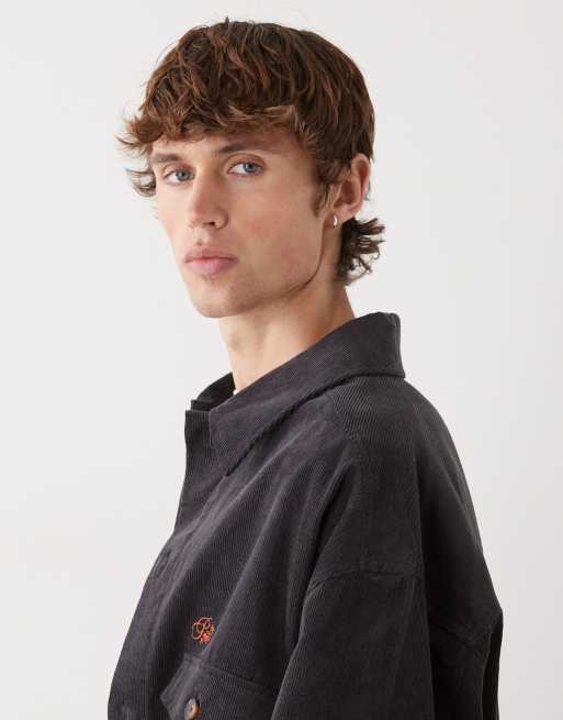 Prohibited long sleeve oversized cord overshirt in dark grey, 4 of 5