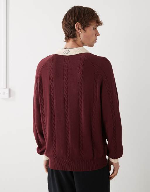 Prohibited long sleeve oversized emblem logo knit polo in burgundy , 3 of 5