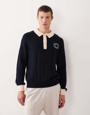Prohibited Prohibited long sleeve oversized emblem logo knit polo in navy