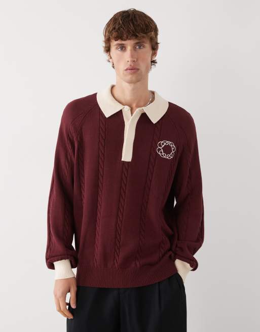 Prohibited long sleeve oversized emblem logo knit polo shirt in burgundy 