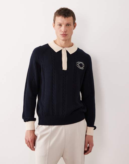 Prohibited long sleeve oversized emblem logo knit polo shirt in navy 