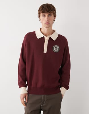 Prohibited Prohibited long sleeve oversized emblem patch logo knit polo in burgundy-Red