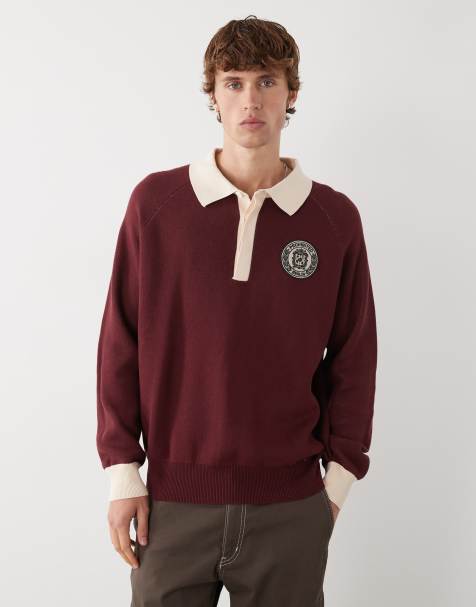 Prohibited long sleeve oversized emblem patch logo knit polo in burgundy - view 1