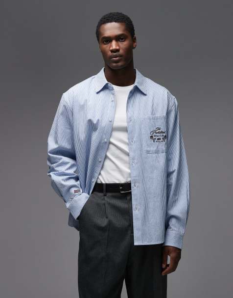 Prohibited long sleeve pocket logo shirt in blue stripe - view 1