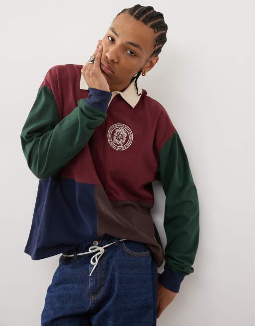 Prohibited - Maglia stile rugby multicolore con colletto a contrasto 270 gsm